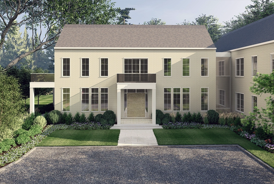 Cream brick two-story home with symmetrical design, stone walkway, manicured landscaping, and gravel driveway surrounded by trees.